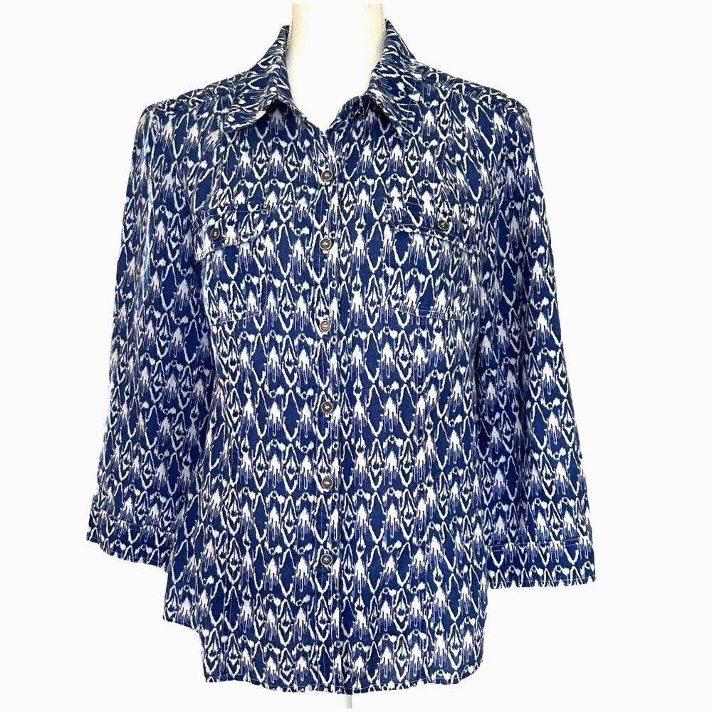 Style & Co Blue Ikat Print 100% Linen Button-Up Shirt Size 12
